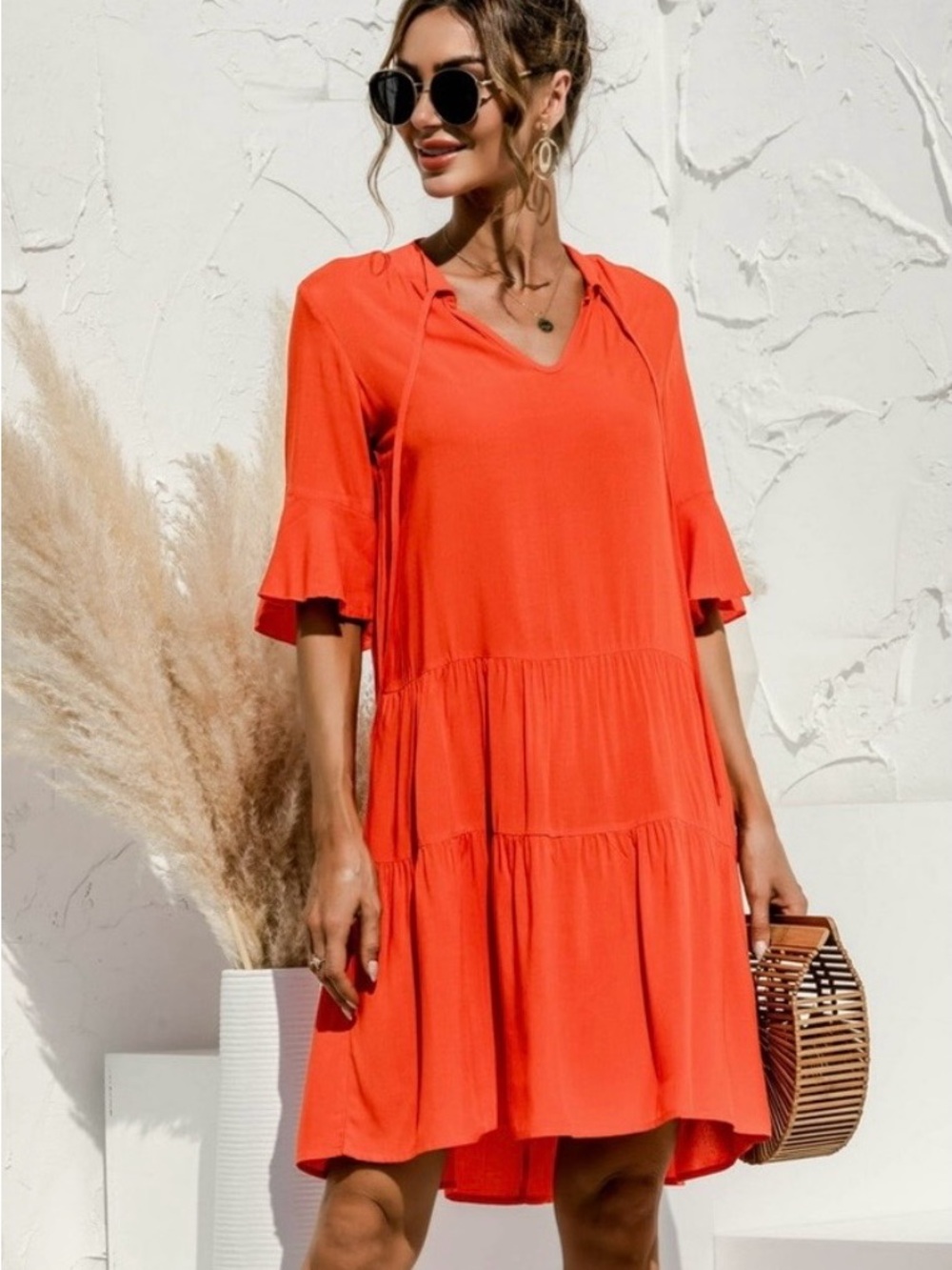 Tiered V-Neck Mini Dress in a Vibrant Coral Orange NWT